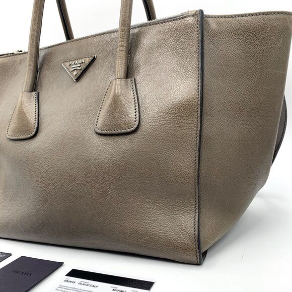 Auth Vtg Prada 2way Twin Pocket Glacé Tote Bag in Pomice Preloved Iconic Shape - Picture 3 of 16